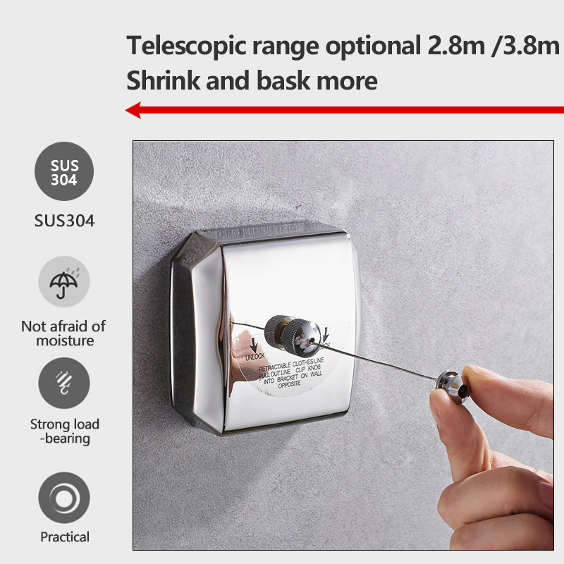 Heavy Duty Square 304 Stainless Steel Retractable Clothesline, 2.8m/3.8m Optional No Drill Wall Mounted Lockable Invisible Laundry Line for Home Hotel Bulk Orde
