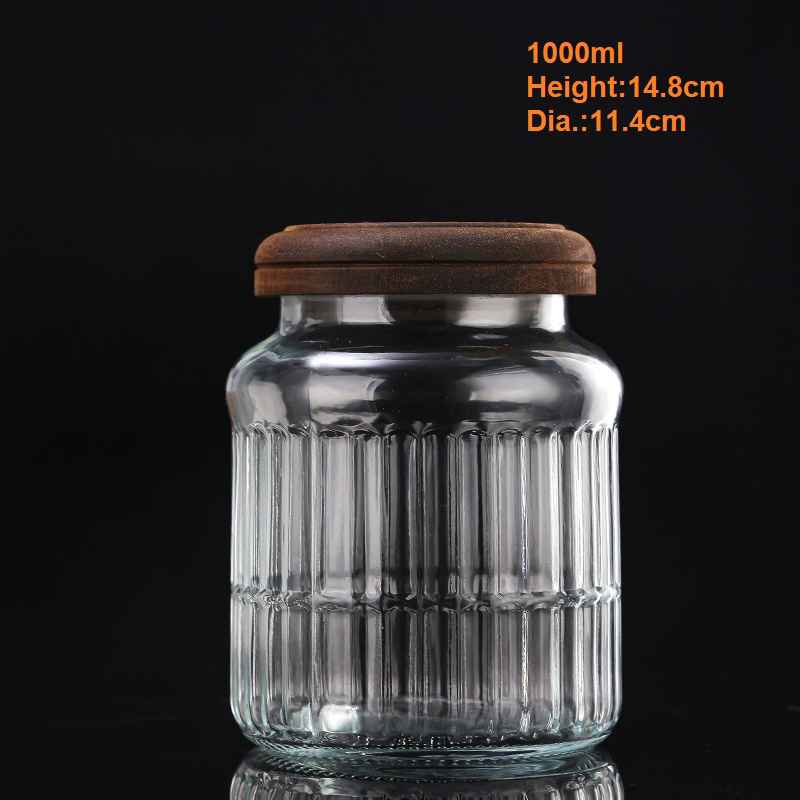 1000ml Vintage Carved Embossed Glass Candy Jar Transparent Kitchen Sealed with Wooden Lid