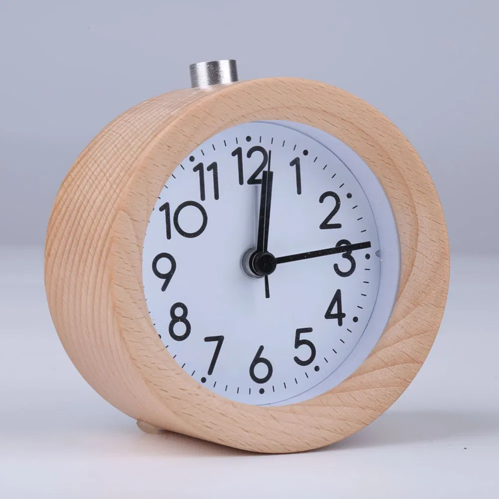 Solid Wood Mute Quartz Alarm Clock with Night Light Table