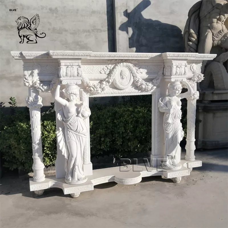 European Style Home Decor Freestanding Natural Stone Fire Place White Marble Fireplace Mantel Factory