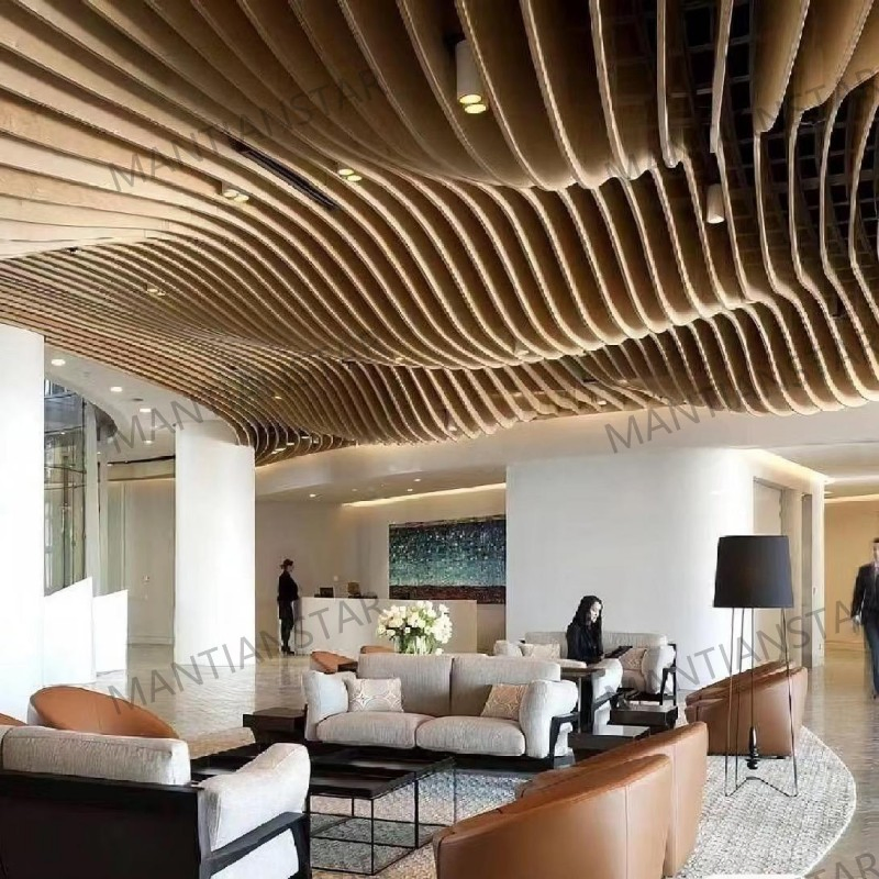 Interior Decor Metal Ceiling Linear Wood Grain Wavy Aluminum Baffle Ceiling