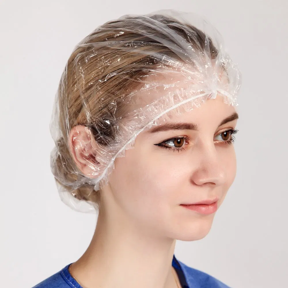 Custom Waterproof Elastic Clear Bath Disposable Plastic PE Shower Hood Clip Cap for Salon Hotel Travel