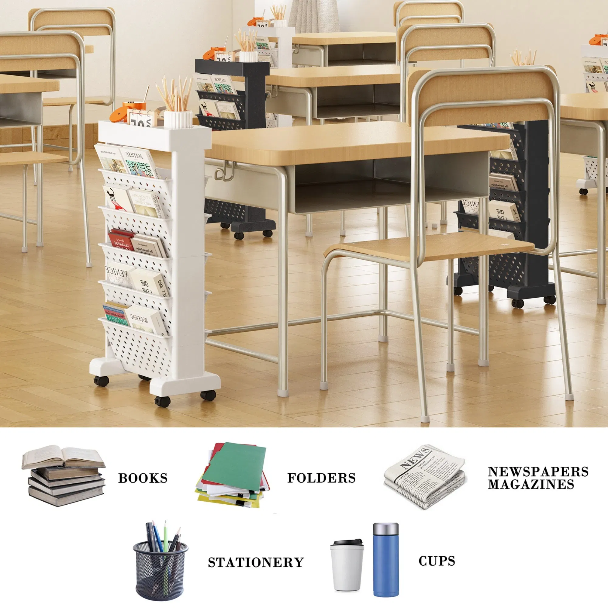 Пластиковая передвижная книжная полка на колесах