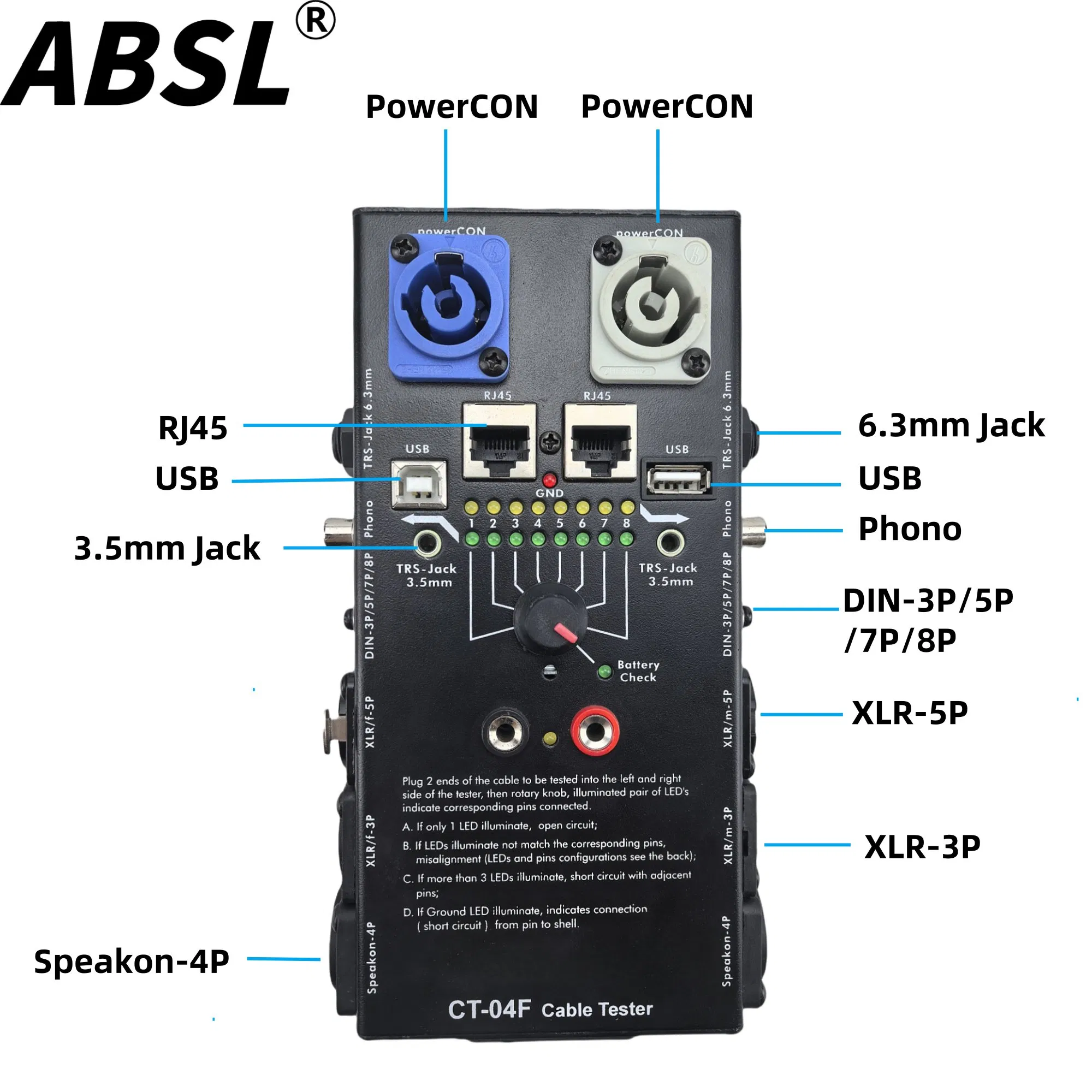 Тестер аудиокабелей CT-04F Powercon/Speakon/DIN