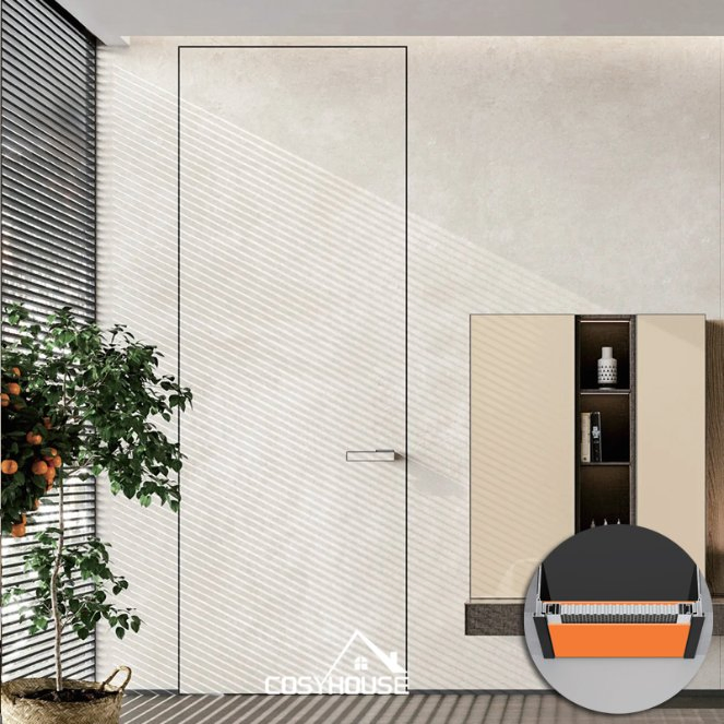 Modern Slat Wall Concealed Door with Vertical Wood Strips and Flush Design