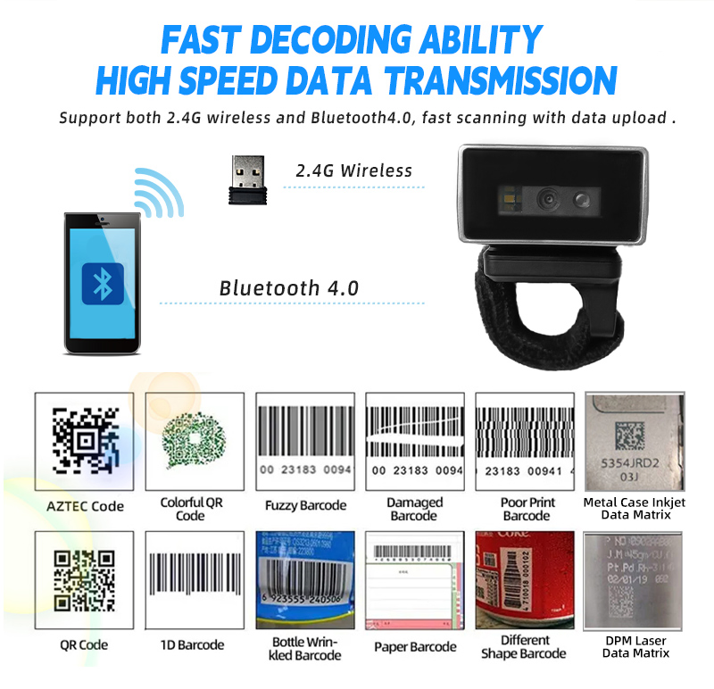 XT3001BHD Continuous Barcode Reading Wearable Barcode Scanner High Efficiency Warehouse Portable Barcode Ring Reader