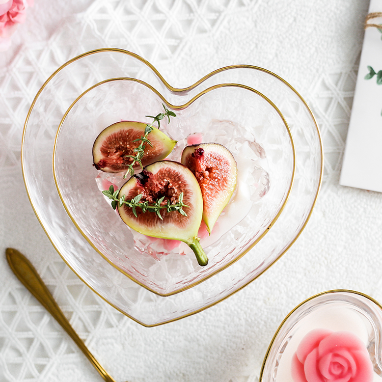 Glass Salad Bowl, Heart-Shaped Fruit Dessert Glass Bowl