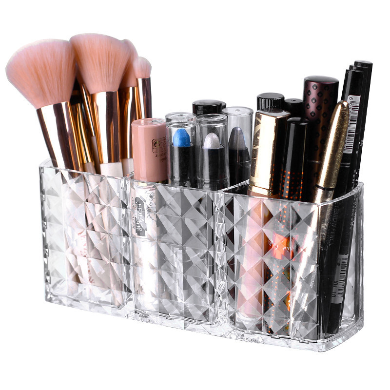 Clear Diamond Pattern 3 Section Cosmetic Make up Brush Holder Organizer
