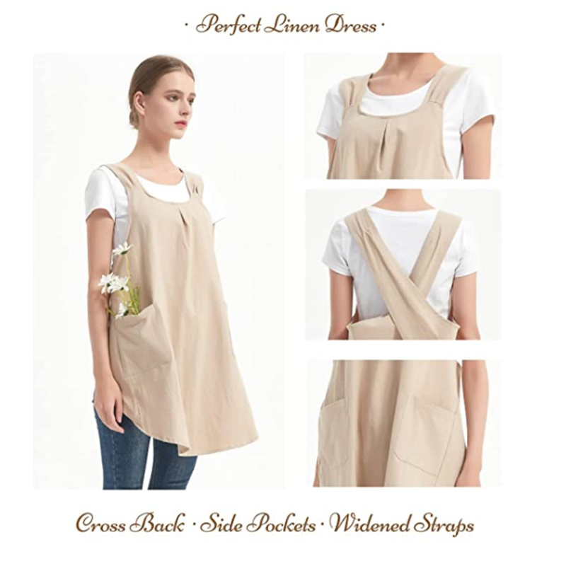Waterproof Linen Apron for Women Pockets Cross Back Cute Apron Dress