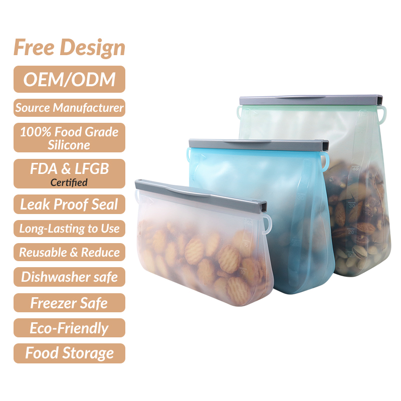 Free Design Hot Sale Household Product Lightweight Healthy Dishwasher Safe Silicone Reusable Snack Sandwich Food Bags with Leakproof PP Clip for Storage Packing