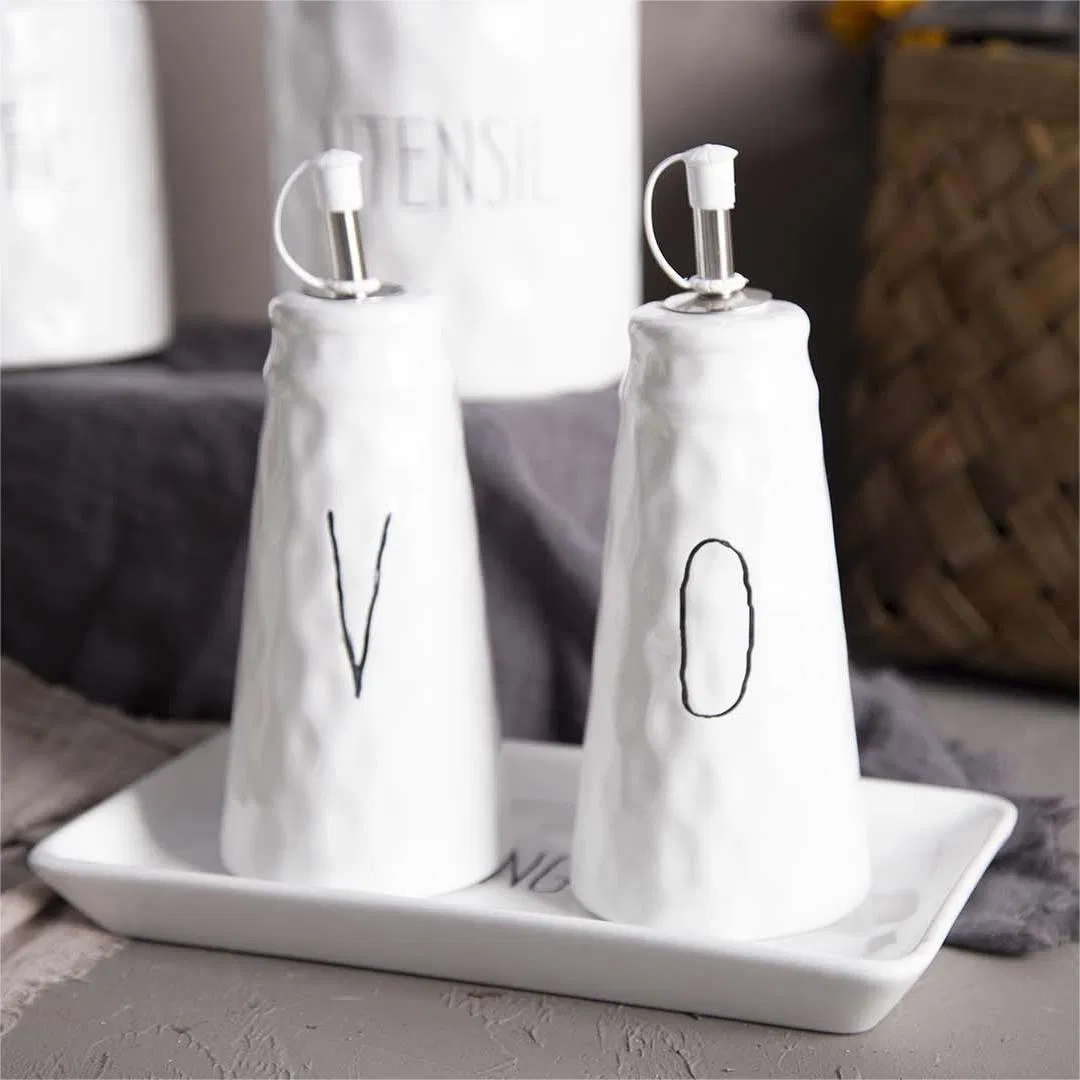 White Embossed Ceramic Kitchen Use Storage Jar/ Oil Bottle/ Spoon Holder/ Butter Dish
