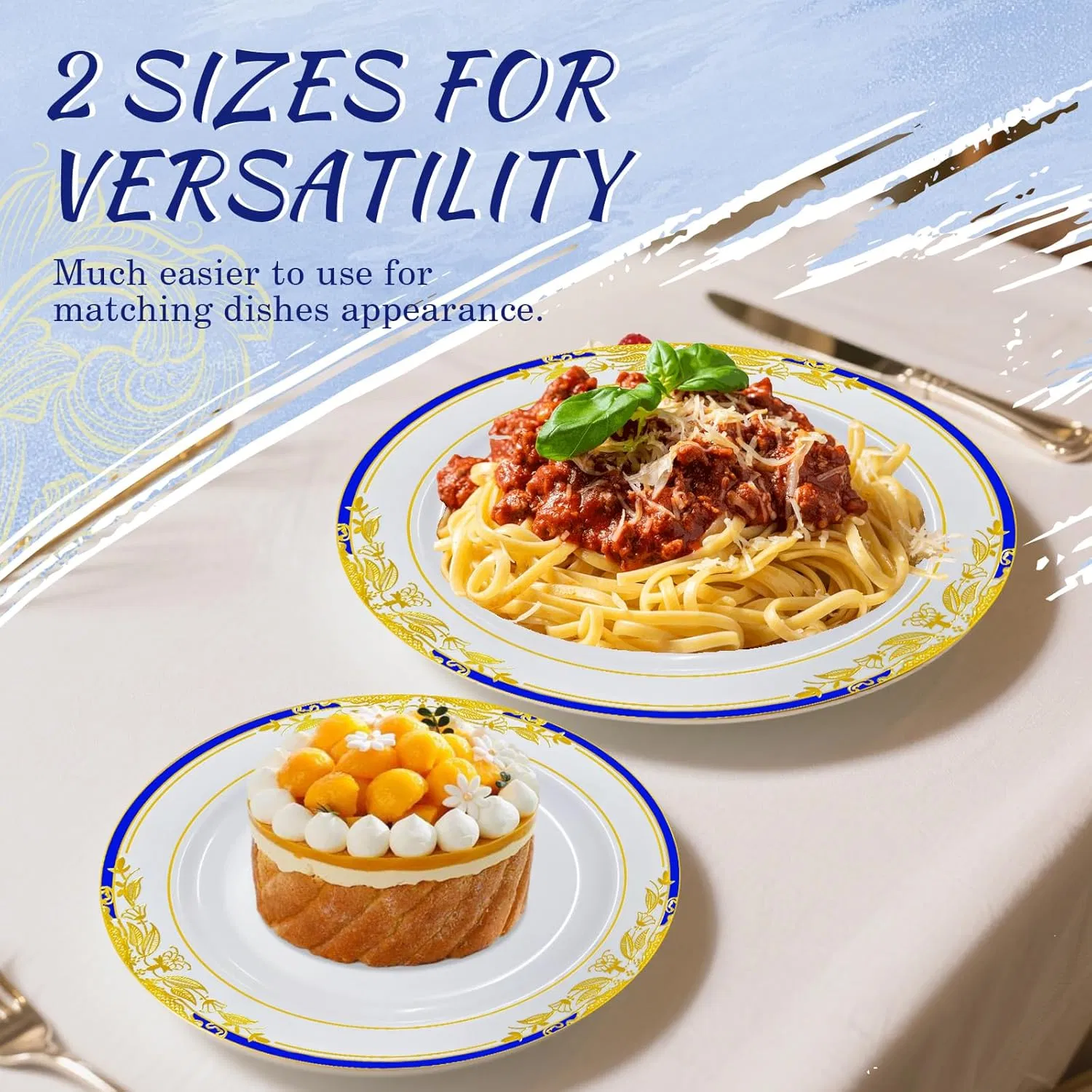 Disposable Plastic Plates 9inch Elegant Fancy Plastic Wedding Plates with Blue & Gold Rimmed Heavy Duty Party Dinner Plates