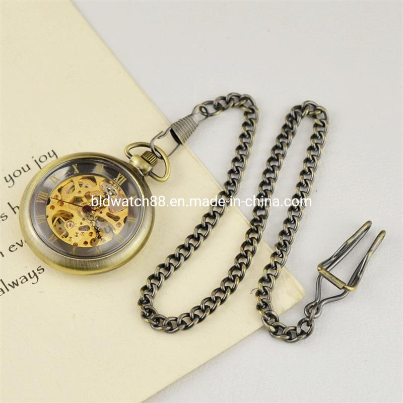 Best Open Face Mens Silver Quartz Pocket Watch with Chain