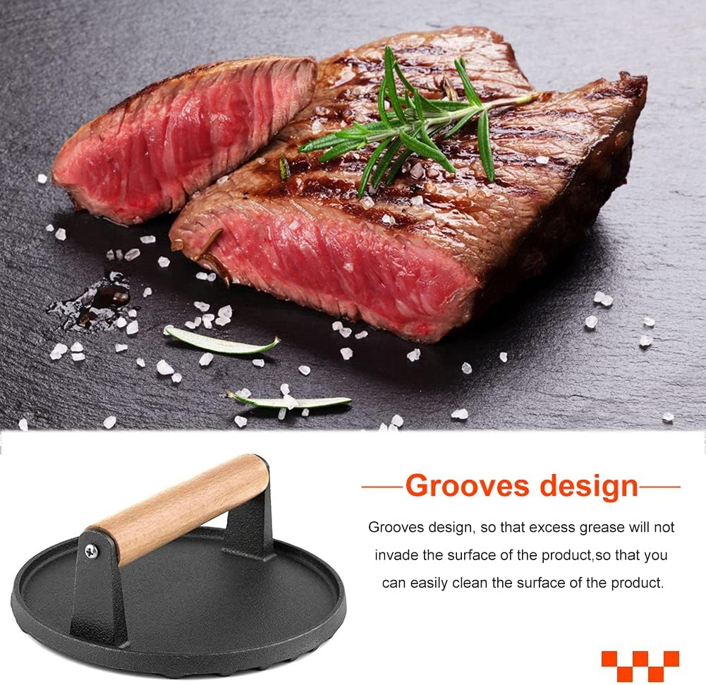 OEM ODM Wood Handle Hamburger Patty Maker Metal Meat Press Stuffed Steak Burger Press Bacon Presser BBQ Cast Iron Grill Press