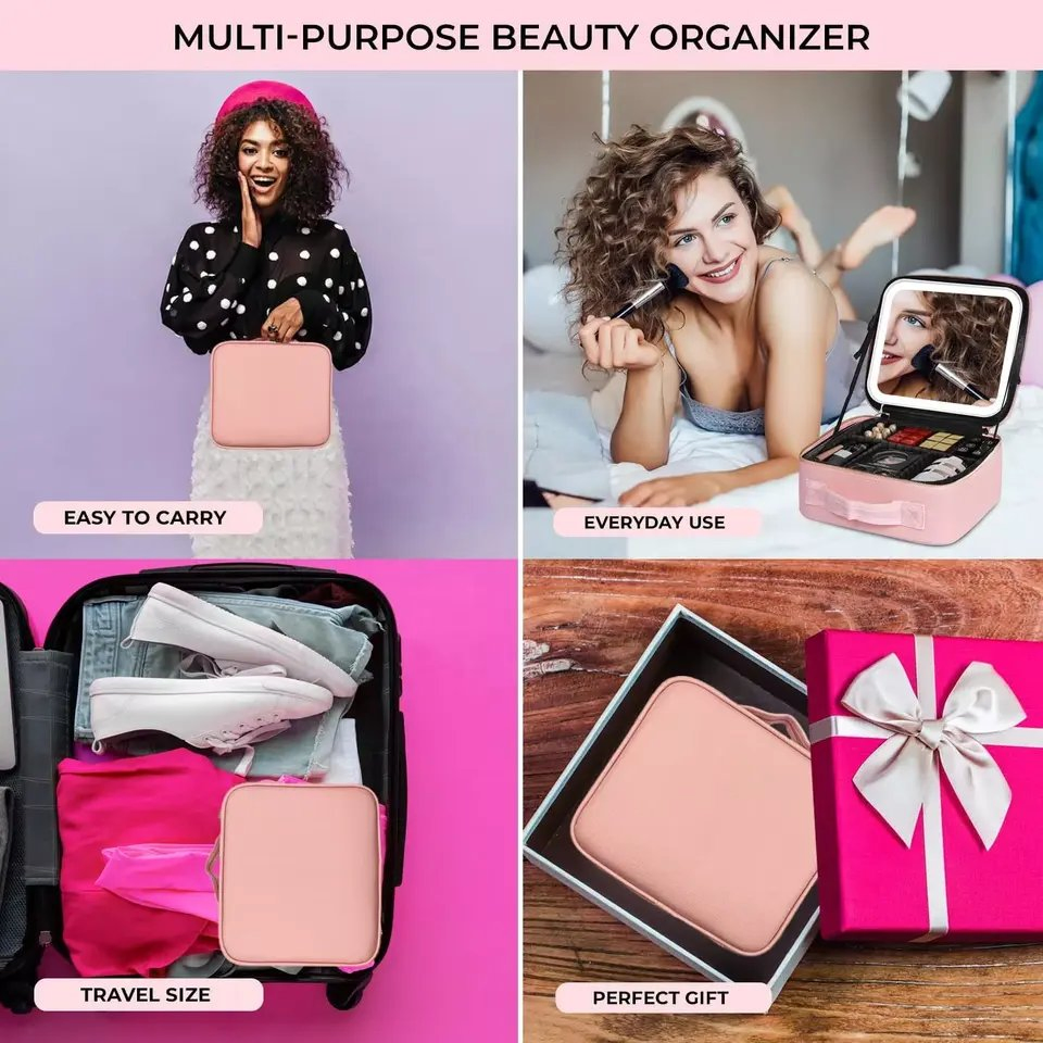 Portable Female Large Capacity Travel Tote Cosmetic Storage Bag with LED Mirror