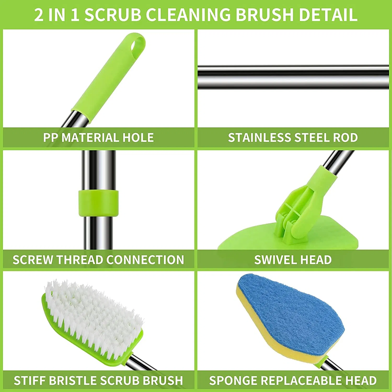 Scrub Cleaning Brush with Long Handle Extendable Floor Scrubber with 1 Stiff Bristles 3 Sponge Brush Kitchen Brush