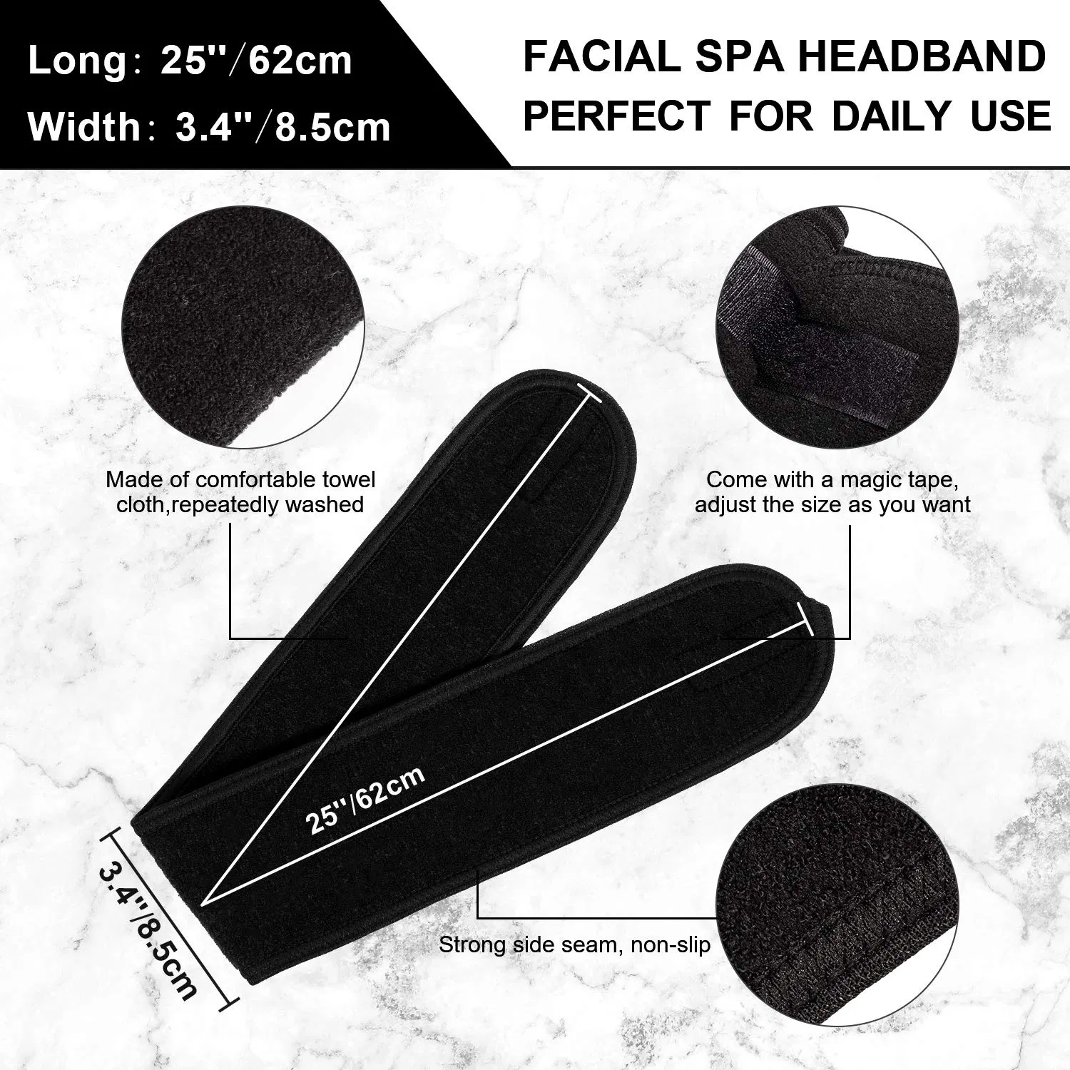 3 PCS SPA Facial Headband Make up Wrap Head Terry Headband Adjustable Towel