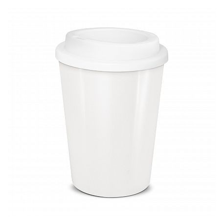 Double Wall Insulated Travel Coffee White Ceramic Mug with Lid
