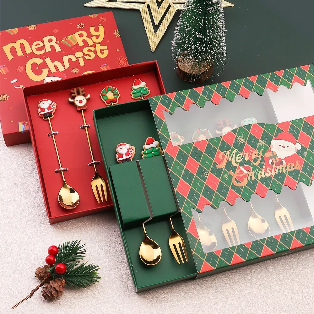 Festive Fork and Spoon Set with Cartoon Christmas Designs