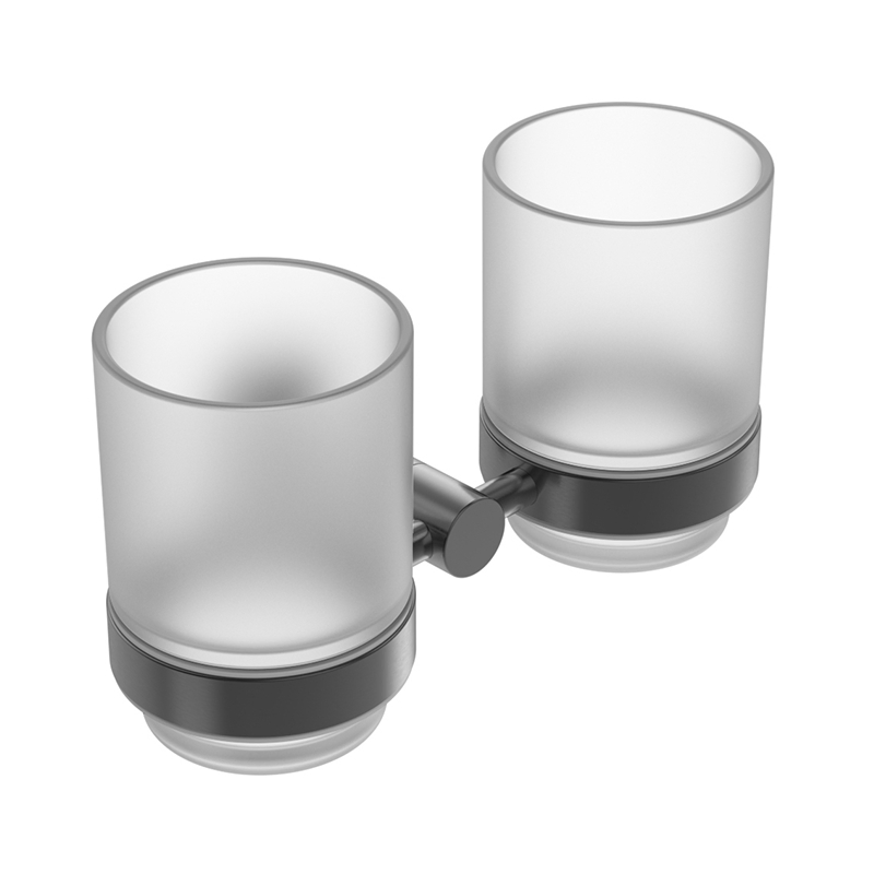 High Quality PVD Grey Dual Mouthwash Glass Tumbler with 304 Stainless Steel Wall Mount Holder