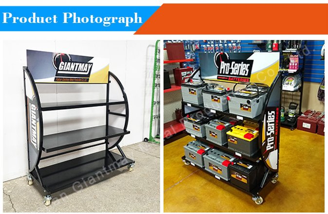 Heavy Duty Floor Stand Car Battery Display Rack Metal Automotive Battery Shelf with Wheels for Supermarket