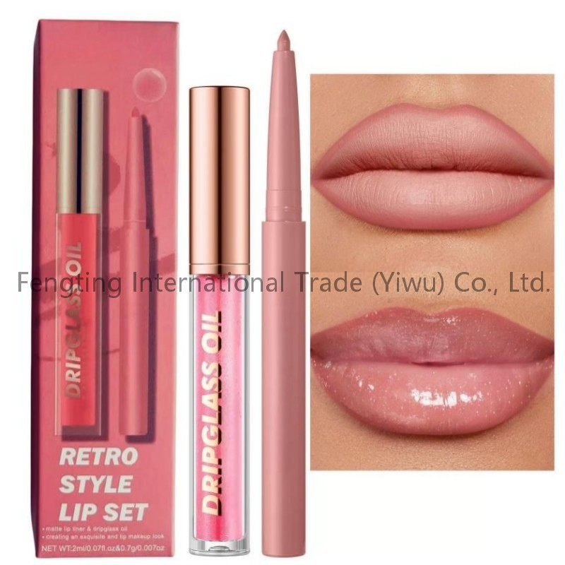 Acceptable Logo High Quality 2-Piece Long-Lasting Non Fading Waterproof Non Stick Cup Fading Lip Liner Pencil Lip Gloss Set