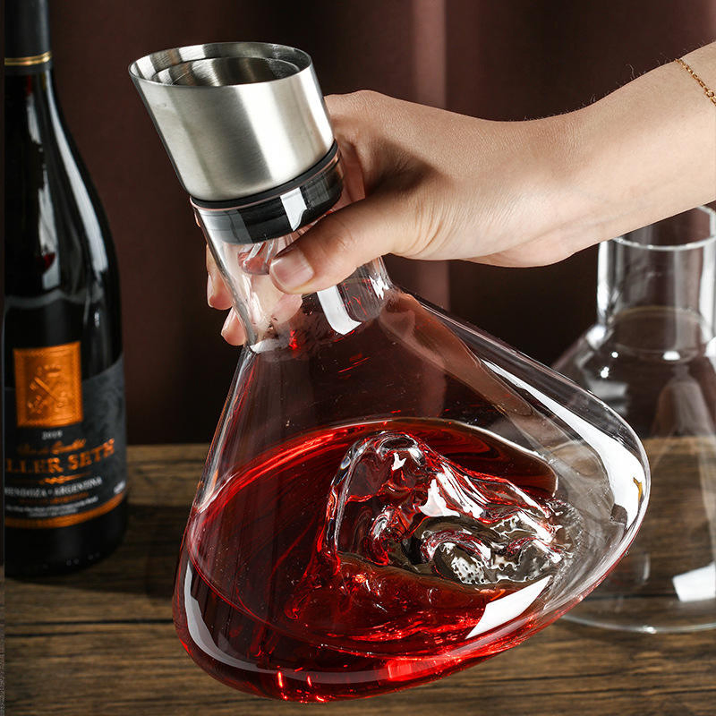 Premium Luxury Big Capacity 1600ml Glass Crystal Red Wine Decanter Stainless Steel Mouth Wine Dispenser