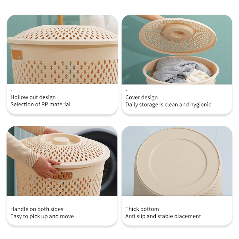 Household Plastic Hollow Out Design Laundry Toy Storage Basket with Cover
