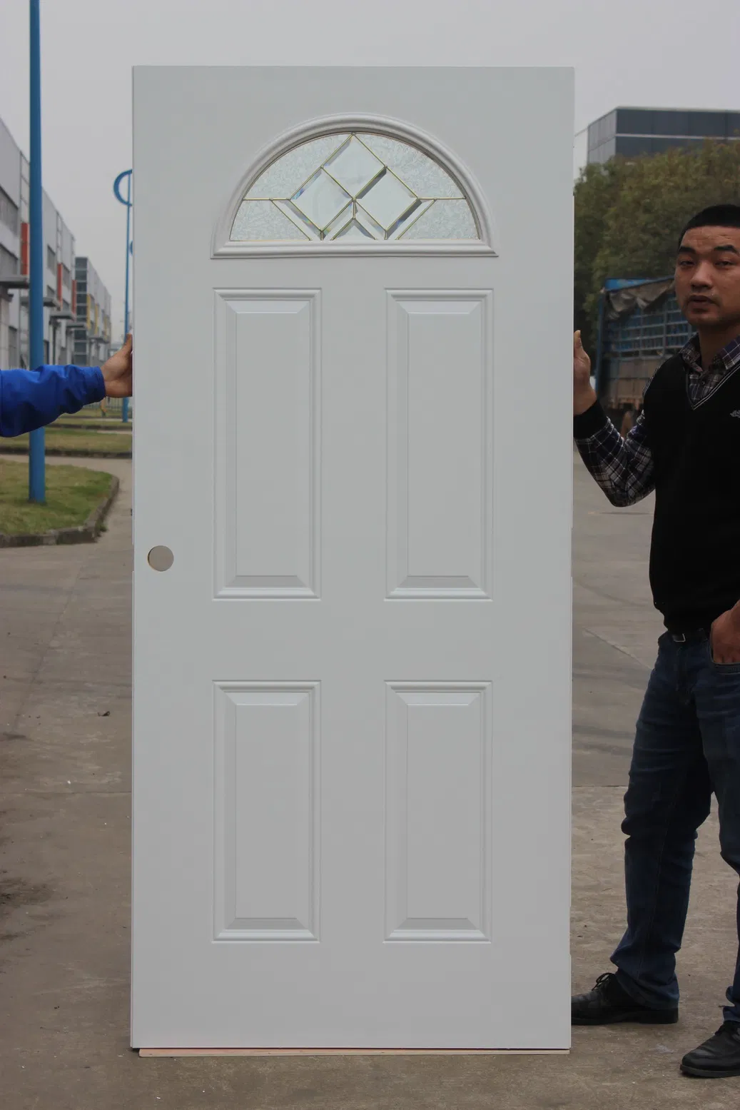 Fangda Pre-Hung Arched Iron 4 Panels Door with a Piece of Arch Glass