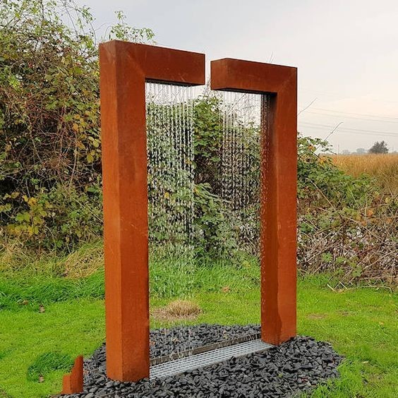 Corten Steel Rain Curtain Water Feature/Fountain with Water Reservoir