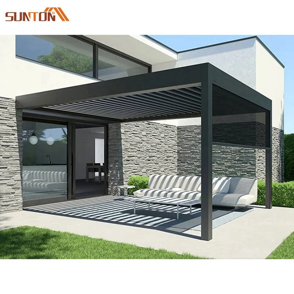 3*4m Electric Control Sliding Screen Waterproof Louvered Roof Motorized Outdoor Aluminum Pergola with Adjustable Louvers