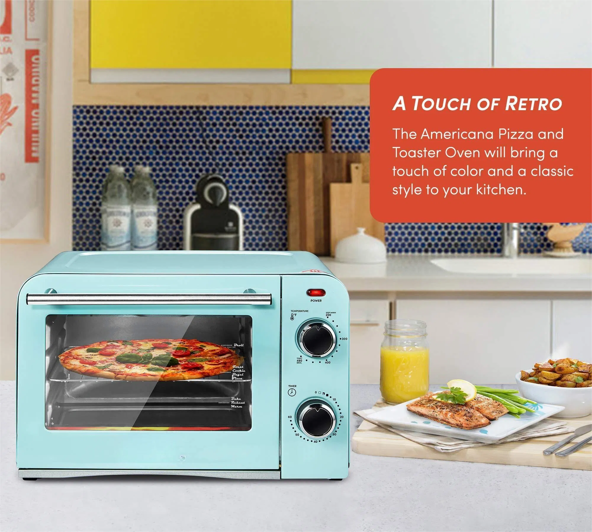 Bake Toast Pizza Temperature Control Timer 1000W Diner Retro Countertop Toaster Oven