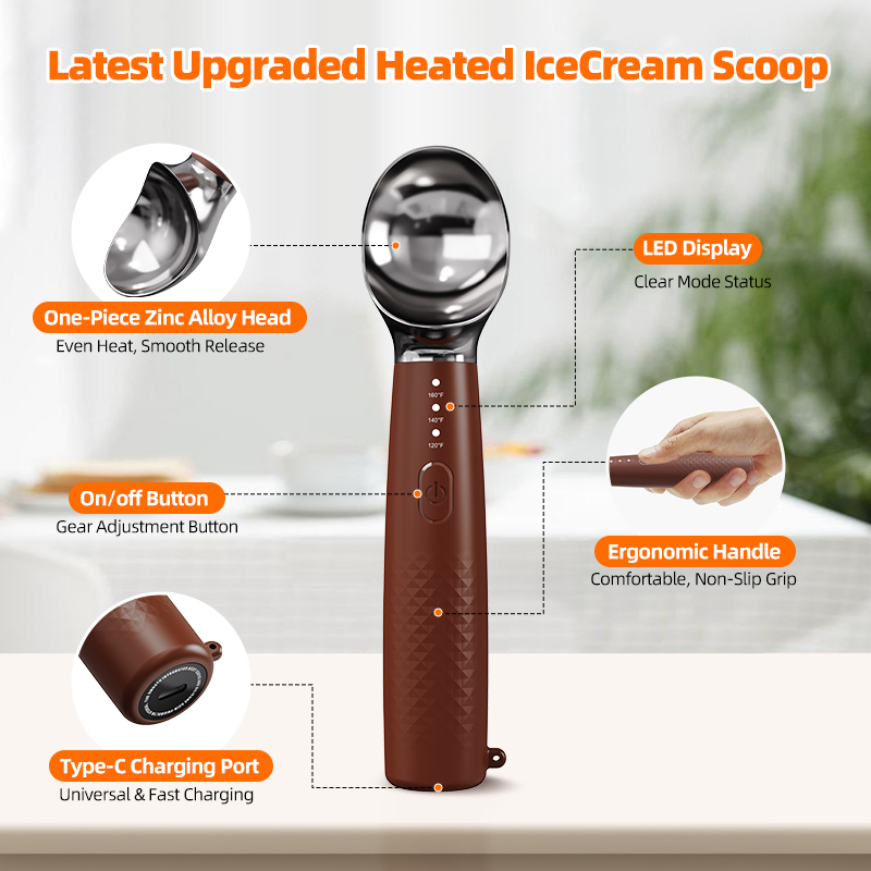 Rechargeable Heating Metal Ice Cream Scoop Sustainable Heated Ball Digger Stand Featuring Ice Cream Spoon