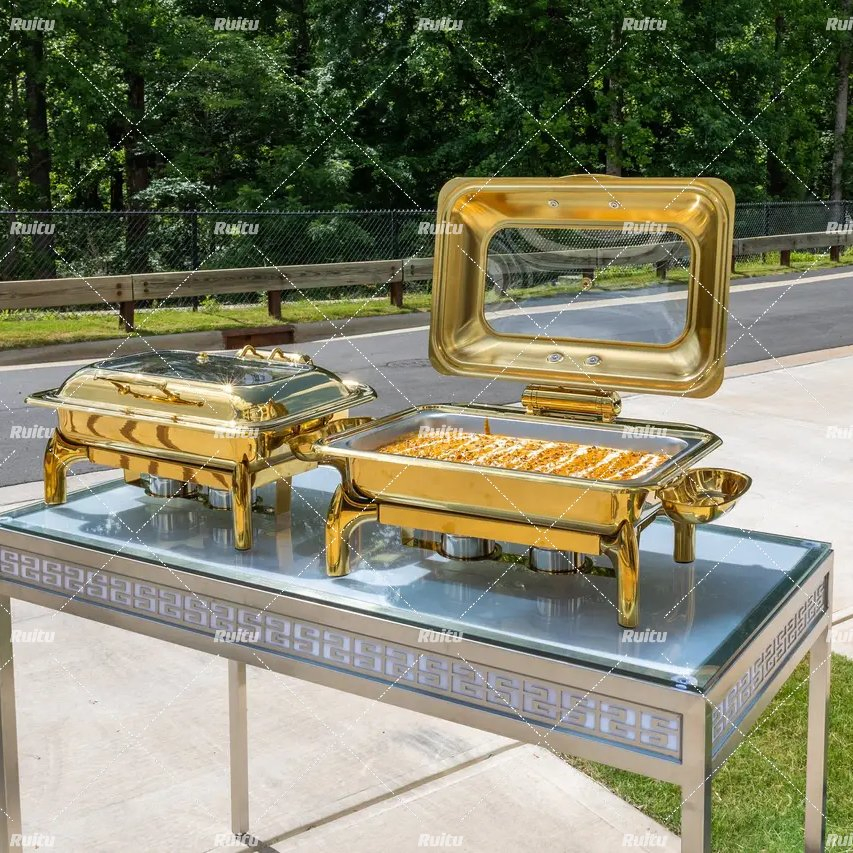 Catering Kitchenware Set Hot Pot Chafer Dishes Buffet Set Chafing Dishes Buffet Stove Food Buffet Display Warmer Hydraulic Rectangular 9L Gold Chafing Dish