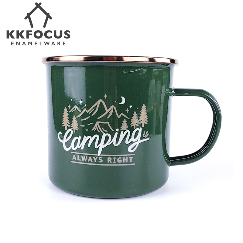 Enamel Mug Cup Green White Couple of Set Golden SS304 Rim