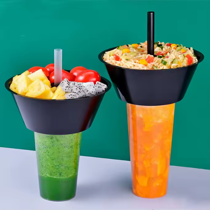 Hot Pot Cup Disposable Hotpot Plastic Cola Drink Milk Tea Cup Bowl on Top Snack Tray Lids Straw Creative Popcorn Cup with Snack Bowl Holder