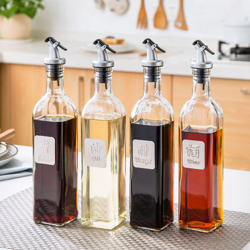 250ml 16 Oz 500ml Empty Kitchen Square Vinegar Glass Cooking Olive Oil Bottle with Pourer Spout for Condiment Soy Sauce