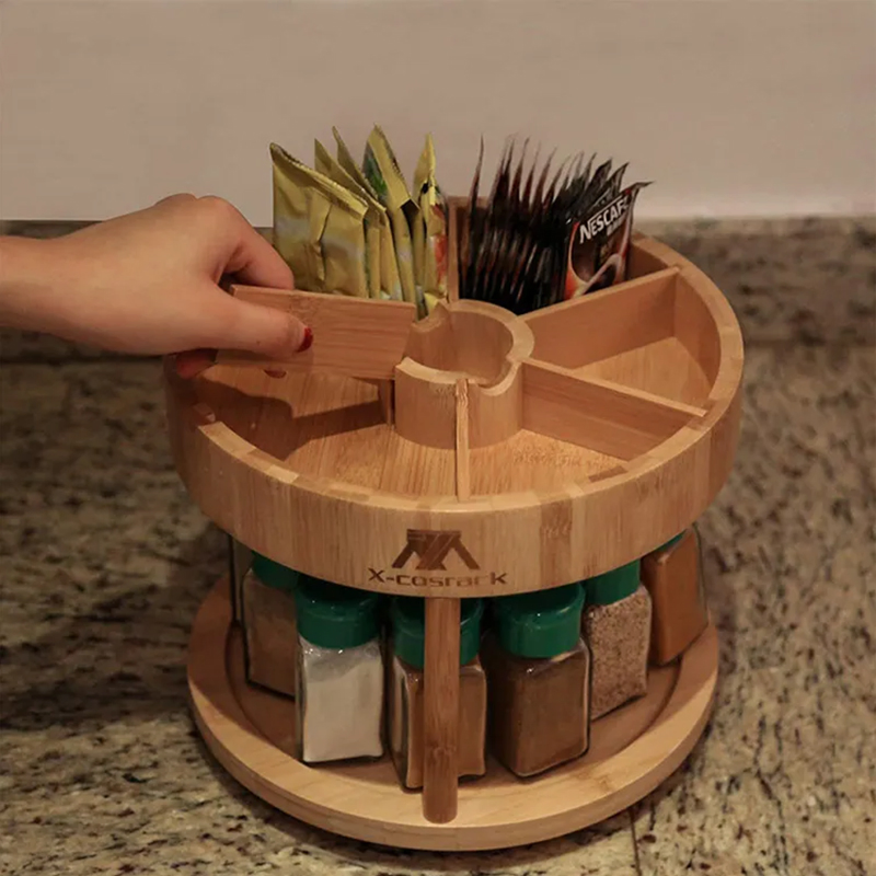 2-Tier Bamboo Kitchen Countertop Cabinet Rotating Condiments Storage Organizer Turntable Spice Holder