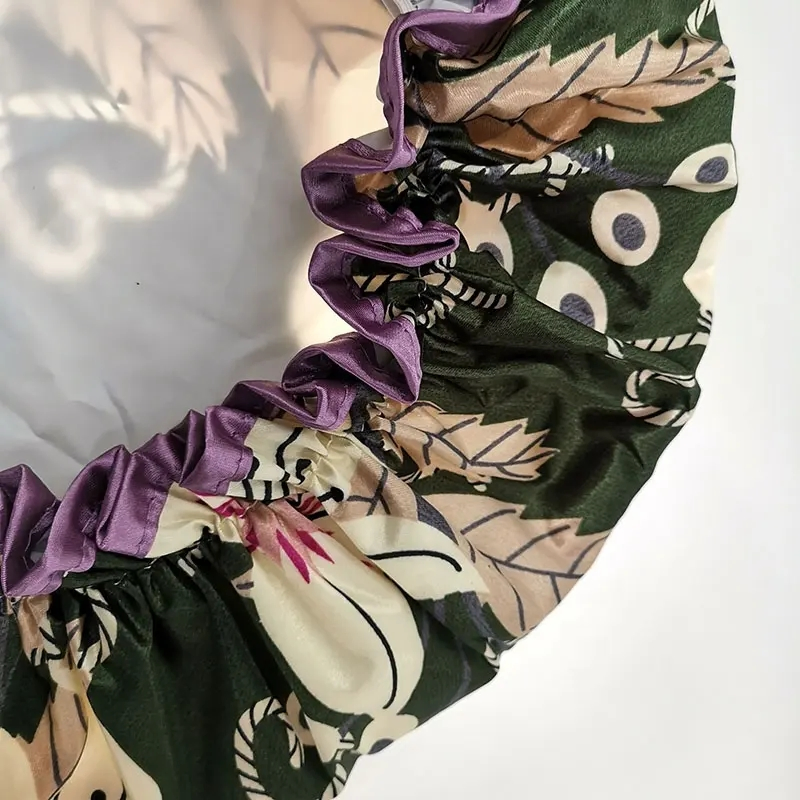 High Quality Greenish Lily Printing Satin Shower Caps