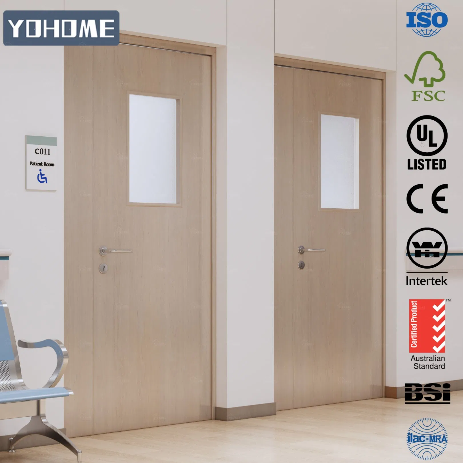 UL/CE/as School Hospital Condo Hotel Commercial Building Project Commercial Fire Rated Door Wooden Fire Door with Fixed Panel