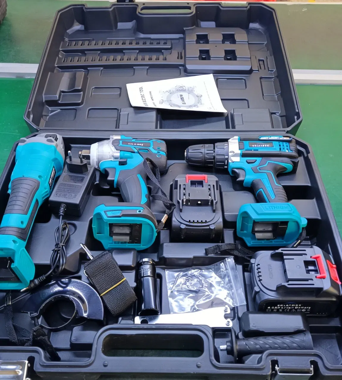 Versatile Power Tool Set: Drill, Impact Wrench, and Grinder