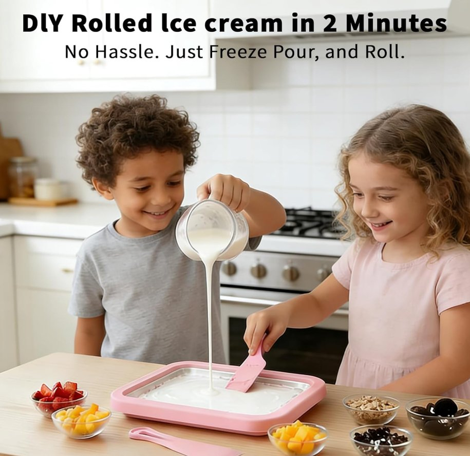 Stainless Steel Instant Freeze Plate Rolled Ice Cream Maker with 2 Scrapers