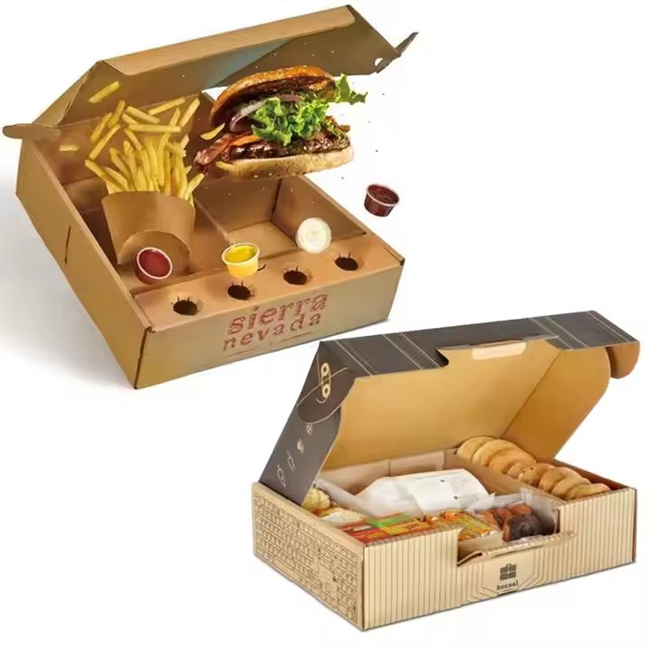 Kraft Corrugated Sandwich Pizza Burger French Fries Bento Box Chicken Cookie Packaging with Sauce Cup Divider