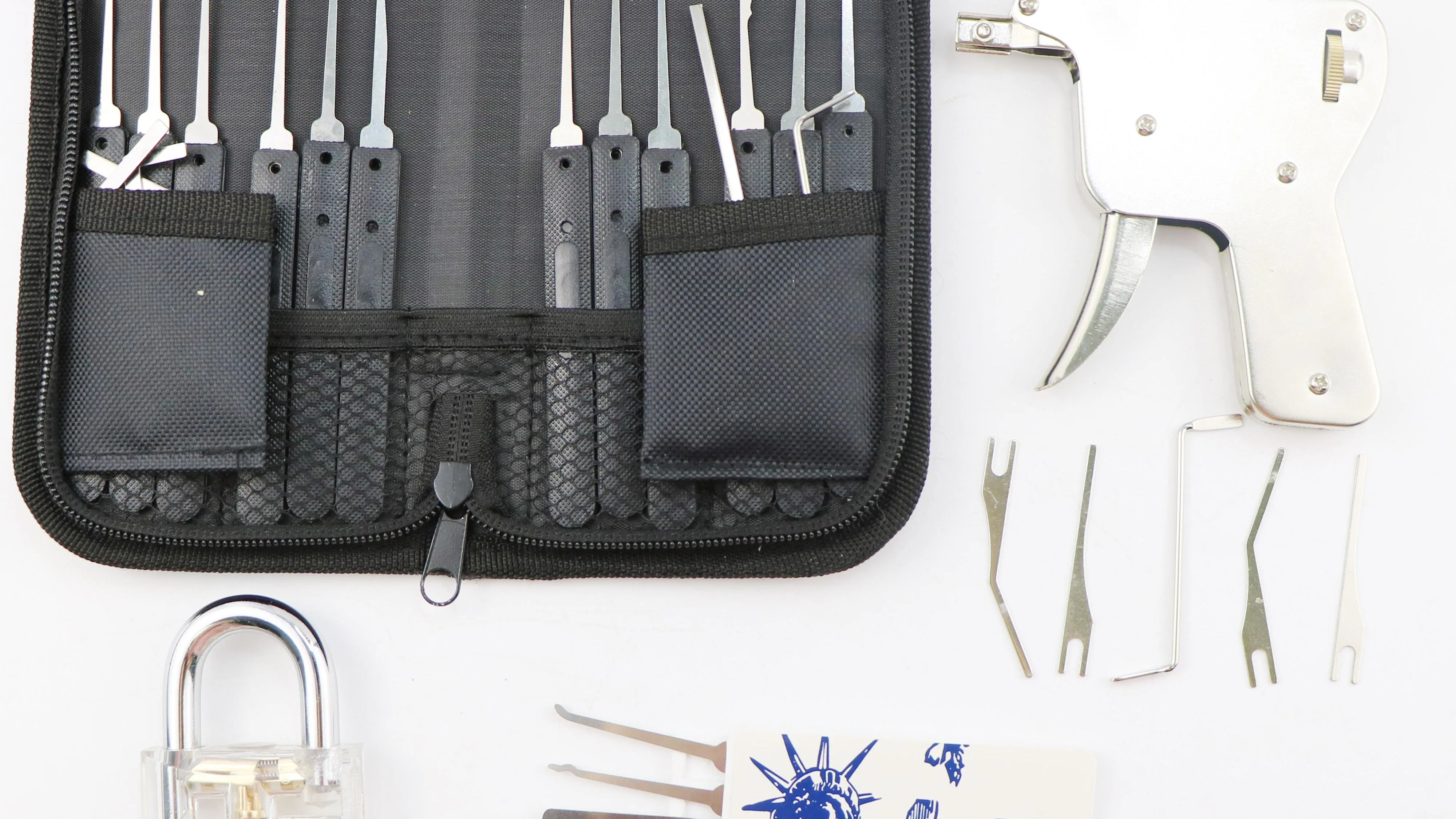 17 Pieces Lock Pick Set Professional Locksmith Tool with 1 Transparent Padlock and Gun Locksmith Card Locksmith