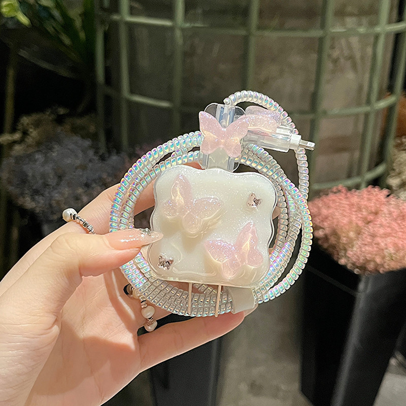 Pearlescent Pink Butterfly Charger Case Silicone TPU Adapter Case for iPhone 11 12 13 14 15 16 PRO Max 18W 20W Fast Charging Cable Case