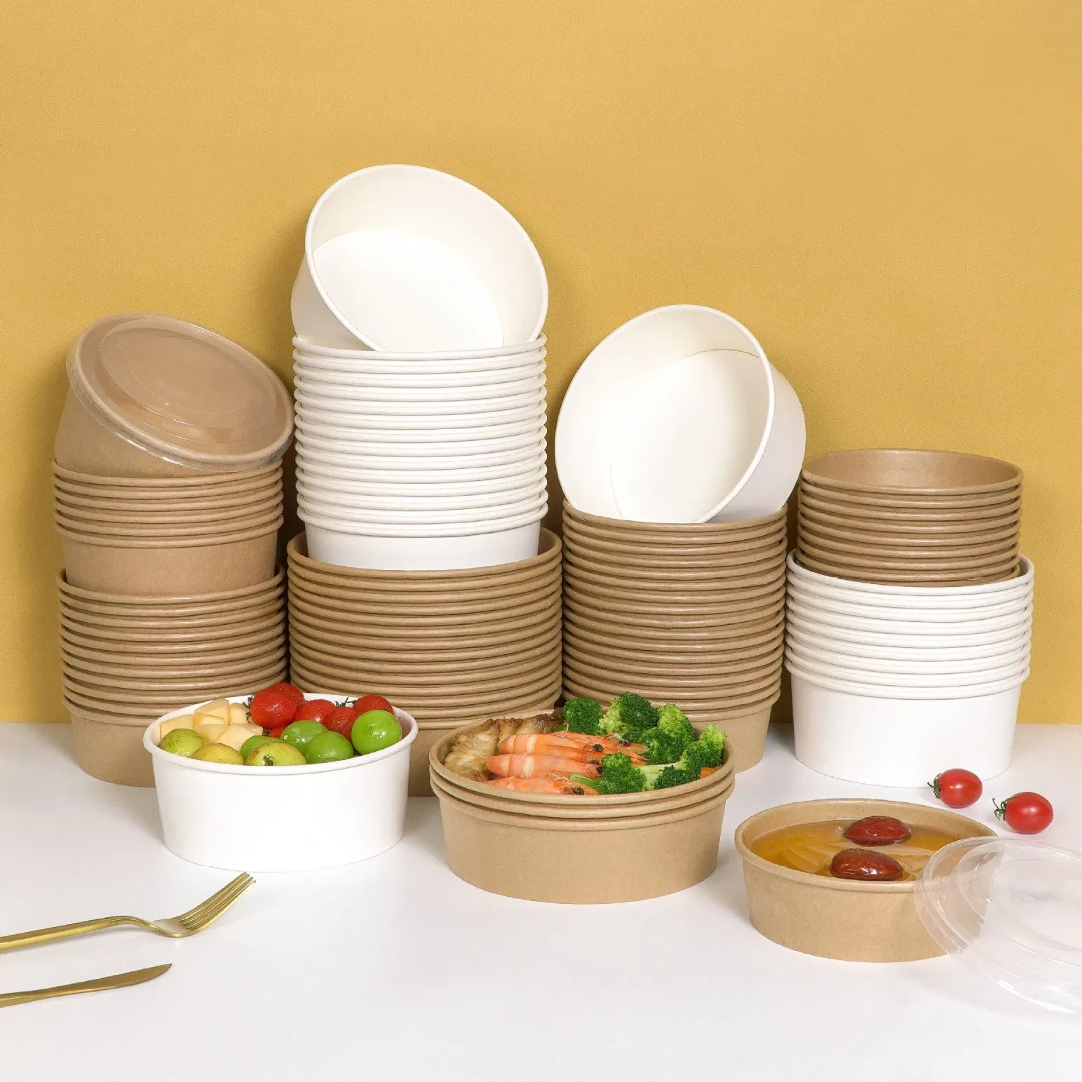 1000ml Disposable Salad Bowls with Pet Lid, Round Kraft Paper Bowl Takeaway