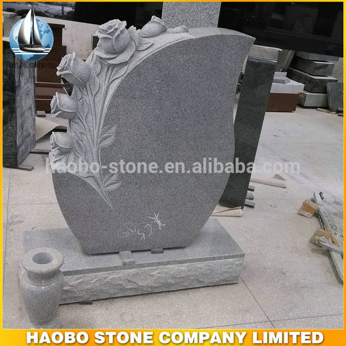 Grey Granite Rose Carved Monument Engraved Headstone
