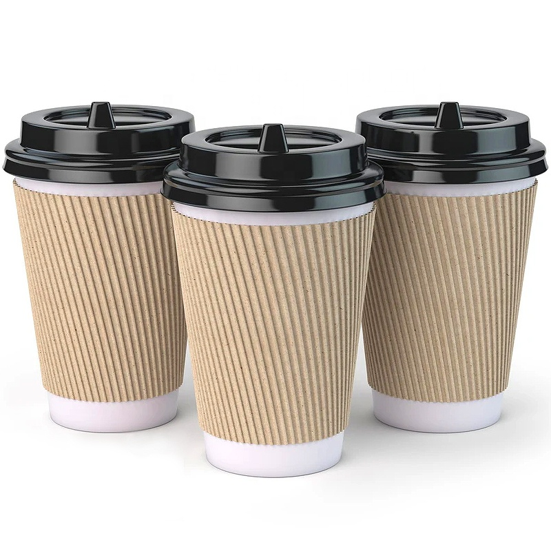 Одноразовая бумажная чашка 8oz Black Ripple Wall с крышкой