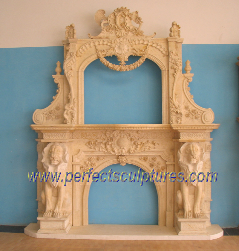 Stone Marble Double Over Mantel Fireplace with Lion Statue (QY-LS332)
