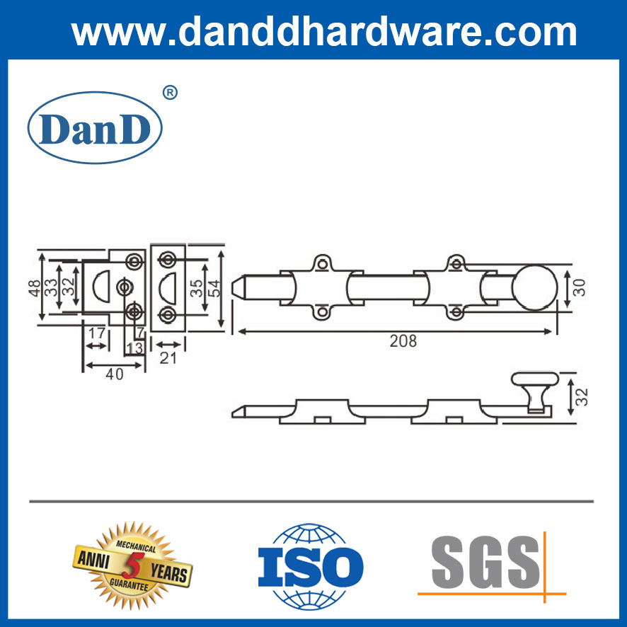 Straight Type Concealed Brass Dutch Flush Bolt for Internal Door